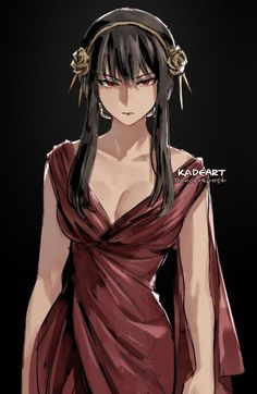 an anime character with long black hair wearing a red dress