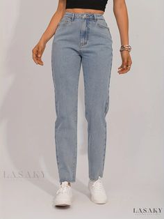 Lasaky - Womens High Waist Straight Leg Jeans in Washed Light Blue with Slash Pockets - Casual Street Style Denim Pants and Clothing Straight Jeans For Summer, Trendy Blue Straight Pants, Blue Straight Jeans For Summer, Street Style Denim, Casual Street Style, Denim Fashion, Denim Pants, Straight Leg Jeans, Leg Jeans