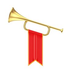 a golden trumpet with a red ribbon hanging from it's side on a white background