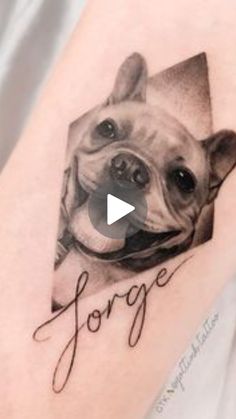 a tattoo with a dog's face and the word george written on it in cursive writing