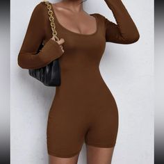 Brown Shein Romper New Without Tags Never Worn Brown Bodysuit, Comfy Jumpsuits, Full Body Suit, Body Suit Outfits, Long Romper, Womens Playsuits, Romper Jumpsuit, Romper Outfit, Long Sleeve Romper