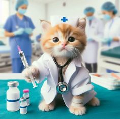 a cat in a doctor's outfit holding a sys