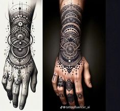 two different tattoos on one hand and the other hand with an intricate design on it