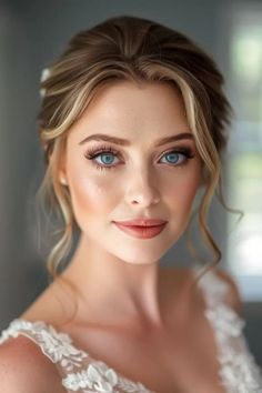 a woman with blue eyes wearing a wedding dress