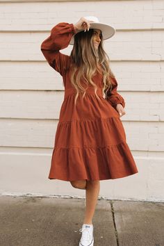 Livia Dress-Rust – Love Olive Co Liberty Fashion, Black Tankini, Womens Fall Dress, Clothing Casual, Rust Dress, Outfit Dress, Corduroy Fabric, Dress Boutique, Mom Dress