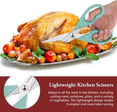 a turkey on a platter being cut by a chef's knife with the words light weight kitchen scissors above it