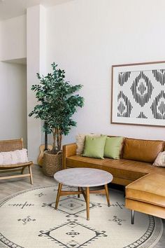 a living room filled with furniture and a potted plant