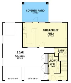 the first floor plan for a home with two garages