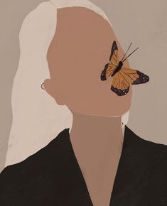 a woman's profile with a butterfly on her nose and hair in the wind