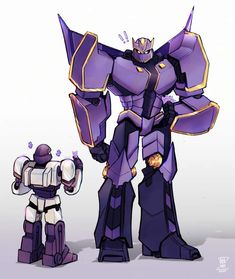 a drawing of a giant robot next to a smaller robot that is taller than him