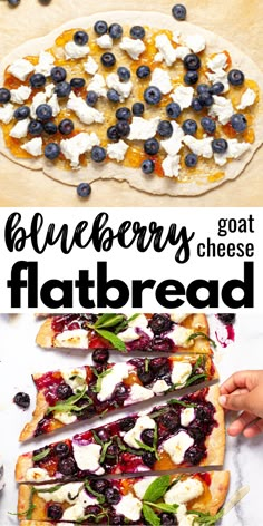 blueberry flatbread with goat cheese and spinach is shown in this collage