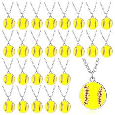 softball necklaces with the ball on them and chain attached to each other, all in different colors