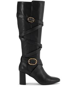 black leather smooth grain side zip fastening crossover strap detail logo-buckle detail pointed toe high block heel knee-length Black And Gold Boots, Strappy Boots, Gold Boots, Plague Doctor, Iconic Bags, Flat Boots, Kurt Geiger, Ballet Flat Shoes, Pump Sandals