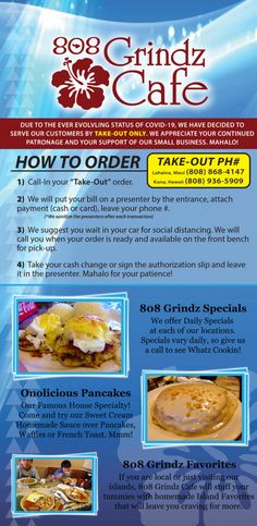 an advertisement for a restaurant called the grindy cafe, with instructions on how to order