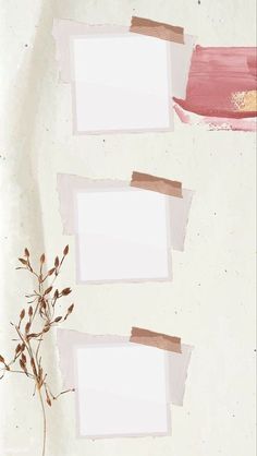 three pieces of paper taped to the side of a wall next to a vase with flowers