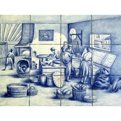 a blue and white tile mural depicting people working in an industrial area with pottery on the floor