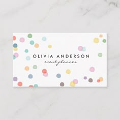 a business card with multicolored dots on the front and white back, which reads, ollivia anderson every plannerer