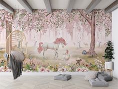 a room with a wall mural that has horses in the woods and flowers on it