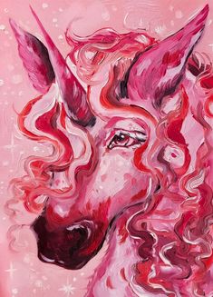 a painting of a pink unicorn with curly hair