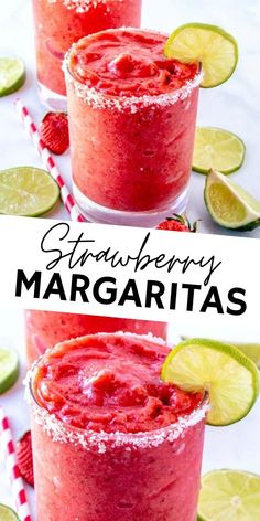 two glasses filled with strawberry margaritas and lime slices