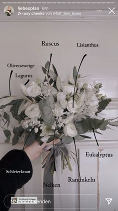 a person holding a bunch of flowers in front of a white wall with words on it