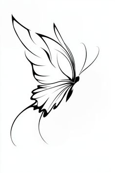 a black and white drawing of a butterfly flying in the air with wings spread out