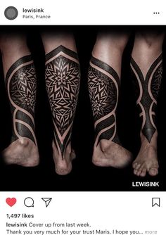 three legs with tattoos on them and one leg has an intricate design in the middle