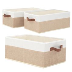 two storage bins with handles on each side, one beige and the other white