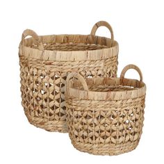 three woven baskets with handles on white background