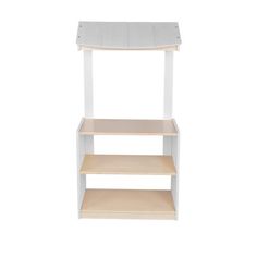 a wooden shelf with two shelves on each side and one shelf below it, against a white background