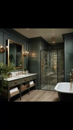 a bath room with a tub a sink and a mirror