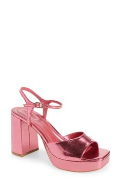 Elevate your evening-out or date-night look with this square-toe sandal lifted on a platform and chunky block heel. 3 3/4" heel; 1" platform (size 8.5) Adjustable strap with buckle closure Synthetic upper, lining and sole Imported Square Toe Sandals, Platform Block Heels, Pink Metallic, Chunky Block Heels, Heel Sandal, Night Looks, Block Heels Sandal, Sandal Women, Women's Shoes Sandals