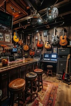 a room filled with lots of guitars and stools next to a bar top piano