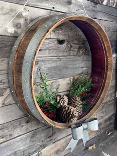 Wine Barrel Wall Wreath Door Hanger Holiday Display - Vairaa - Retired Napa Wine Barrel Barrel Chandelier, Wine Barrel Art, Recycled Barrel, Wine Barrel Wall, Chandelier Bar, Wine Barrel Decor, Wine Barrel Crafts, Wine Barrel Rings, Barrel Ideas