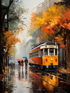 a painting of people walking down the street in the rain with an orange train on it