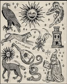 an old book page with various symbols and designs on it, including the sun, moon, and other things