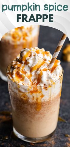 A glass cup with pumpkin spice frappe topped with whipped cream and caramel sauce with a striped straw set into the cup. Pumpkin Spice Frappe, Pumpkin Frappe, Frappe Recipe, Up Pumpkin, Tea Drink Recipes, Fall Flavors, Popsicle Recipes, Drive Thru