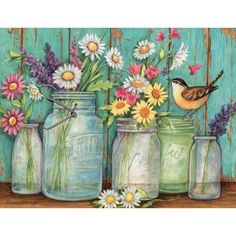 a painting of mason jars filled with flowers and a bird sitting on top of them