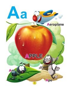 an apple and some animals are in front of the letter a with their name on it