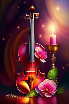 a violin, candle and flower on a dark background