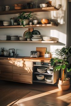 a kitchen with open shelves filled with dishes and plants on top of the countertop