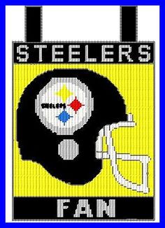 a cross stitch pattern with a football helmet and the words steele's fan on it