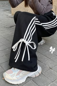 Bow Tie Side Stripe Pants , coquette side stripe pants with bows, adidas bow pants , stripe bow pant Adidas White Trousers, Loose Pants Outfit Casual, Bow Sweatpants, Aesthetic Bottoms, Side Stripe Pants, Bow Pants, Pants Women Casual, Indie Aesthetic Outfits, Adidas Trousers