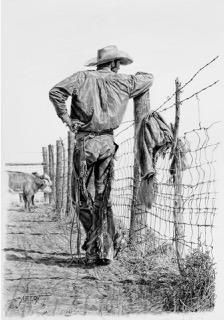 a black and white photo of a man standing next to a barbed wire fence with cows in the background