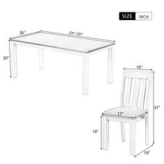 a table and chair are shown with measurements for each piece in the drawing below it