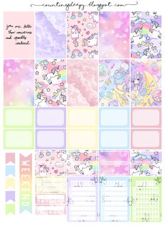 the printable planner stickers are shown with unicorns and clouds in pastel colors