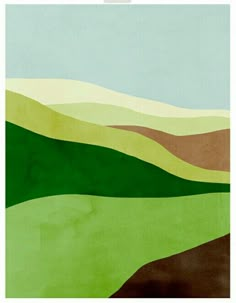 an abstract painting with green, brown and blue colors on the side of a hill