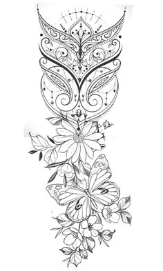 an artistic tattoo design with flowers and butterflies