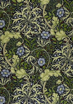 an intricately designed wallpaper with blue and green flowers