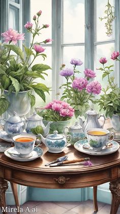 a painting of tea and flowers on a table